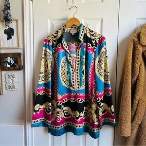 eci pink/blue/gold chain pattern mock collar long sleeve blouse